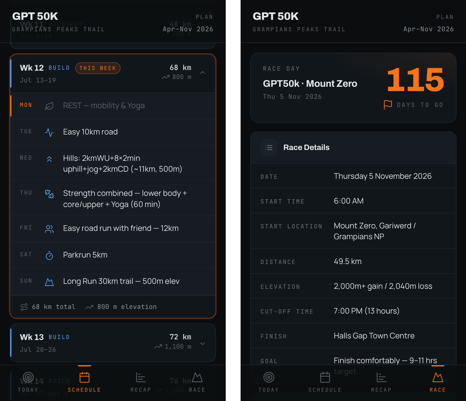 GPT50 Training App - schedule and race day pages